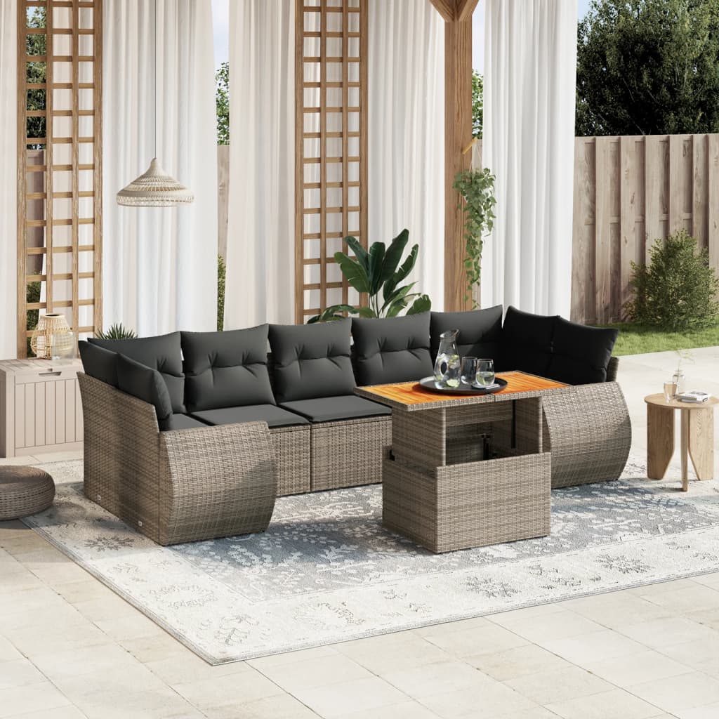 8-tlg. Garten-Sofagarnitur mit Kissen Grau Poly Rattan